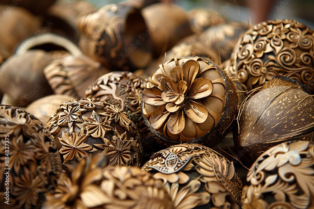 close-up of coconut shell art intricately carved and displayed. close-up of coconut shell art intricately carved and displayed.