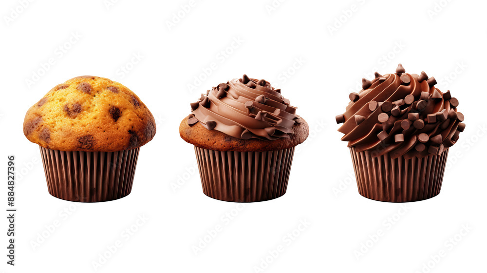 Chocolate muffin assortment on transparent background, PNG file – variety of design angles, ideal for mockup templates and artwork Chocolate muffin assortment on transparent background, PNG file – variety of design angles, ideal for mockup templates and artwork