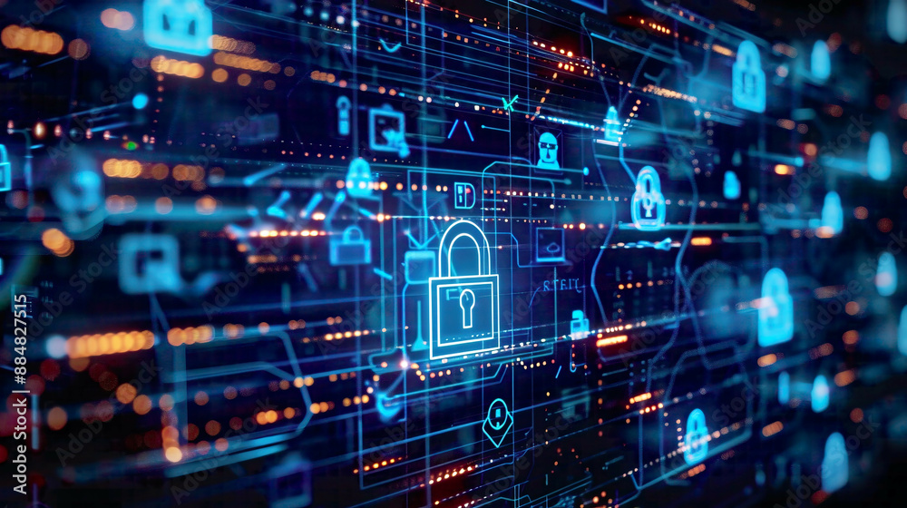 Lock icon representing cybersecurity and privacy businessmen protecting data on laptops internet network security technology blue virtual interfaces 