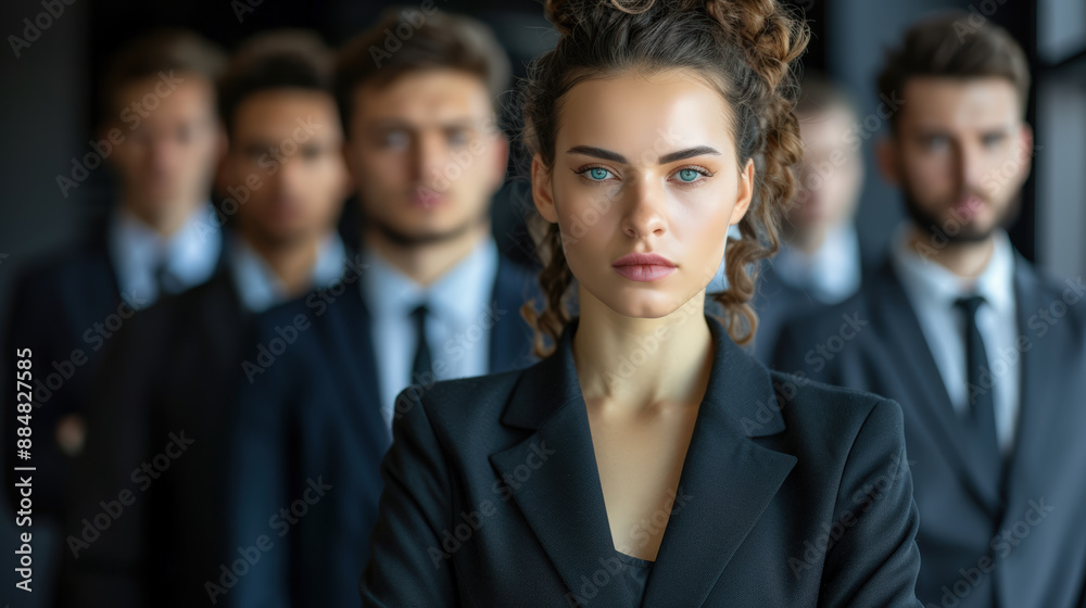 Obraz premium Feminism concept with businesswoman in formal office outfit in front of male business persons.