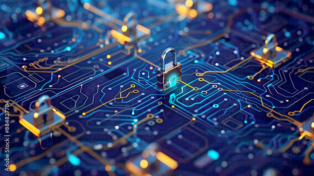 Locks on a blue integrated circuit representing cyber security data protection concept with firewall against hacker attacks detailed and modern tech design Locks on a blue integrated circuit representing cyber security data protection concept with firewall against hacker attacks detailed and modern tech design
