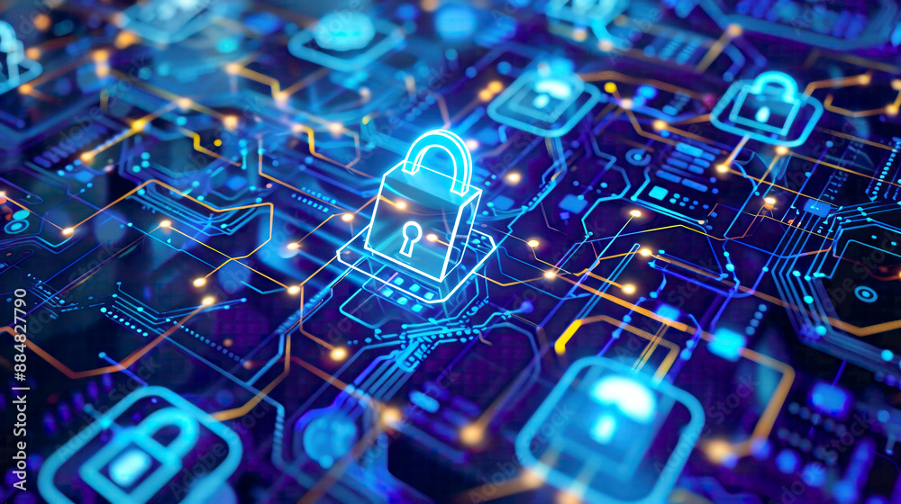 Modern cyber security concept and internet privacy data protection featuring a padlock protecting business and financial data safeguarding personal information on digital devices Modern cyber security concept and internet privacy data protection featuring a padlock protecting business and financial data safeguarding personal information on digital devices