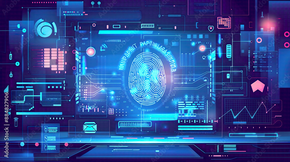 Modern flat cartoon-style illustration depicting a data protection concept with a scan fingerprint identification system emphasizing advanced security measures Modern flat cartoon-style illustration depicting a data protection concept with a scan fingerprint identification system emphasizing advanced security measures