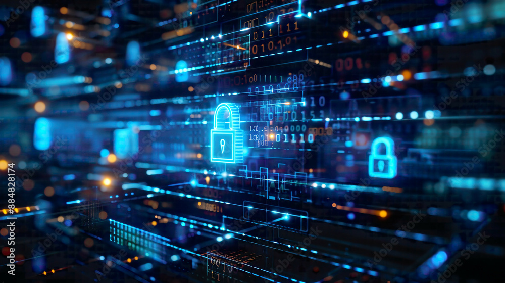 Network protection and safety concept featuring digital lock and network connections blue tech-themed background modern and secure design Network protection and safety concept featuring digital lock and network connections blue tech-themed background modern and secure design