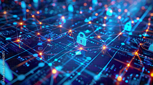 Network protection and safety concept featuring digital lock and network connections blue tech-themed background modern and secure design 