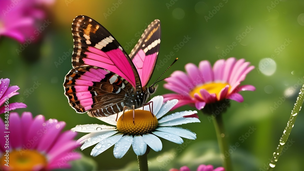 Vibrant Butterfly on Daisy in Morning Dew Vibrant Butterfly on Daisy in Morning Dew