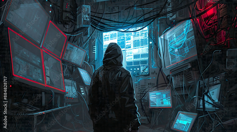 Rear view of a hooded hacker breaching corporate data servers in a shadowy underground hideout filled with multiple monitors and scattered cables intense and clandestine mood Rear view of a hooded hacker breaching corporate data servers in a shadowy underground hideout filled with multiple monitors and scattered cables intense and clandestine mood