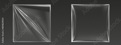 Square plastic film pieces set isolated on transparent background. Vector realistic illustration of 3d polyethylene package mockups with wrinkled smooth surface, cd album cover with shrink effect