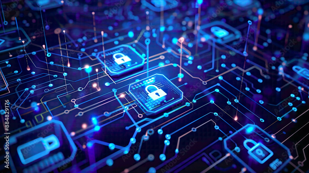 Secure technology network data connection featuring digital data network and cyber security elements blue background with intricate network details Secure technology network data connection featuring digital data network and cyber security elements blue background with intricate network details