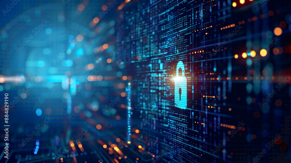 Fototapeta premium Secure website design and programming technology developer coding for social world safety cyberspace protection with lock icon and blue tech background 