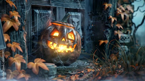 halloween decorations with pumpkin and skull Frame wood on the grave. Seamless looping time-lapse virtual 4k video animation background