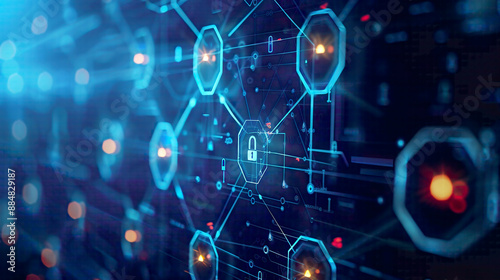 Secure technology network data connection featuring digital data network and cyber security elements blue background with intricate network details 