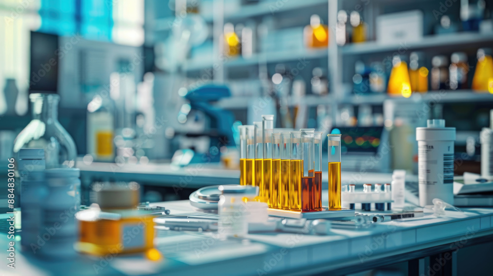 Lab test tube on a lab bench, symbolizing medical tests and diagnostics. Detailed lab equipment and healthcare setting. Lab test tube on a lab bench, symbolizing medical tests and diagnostics. Detailed lab equipment and healthcare setting.