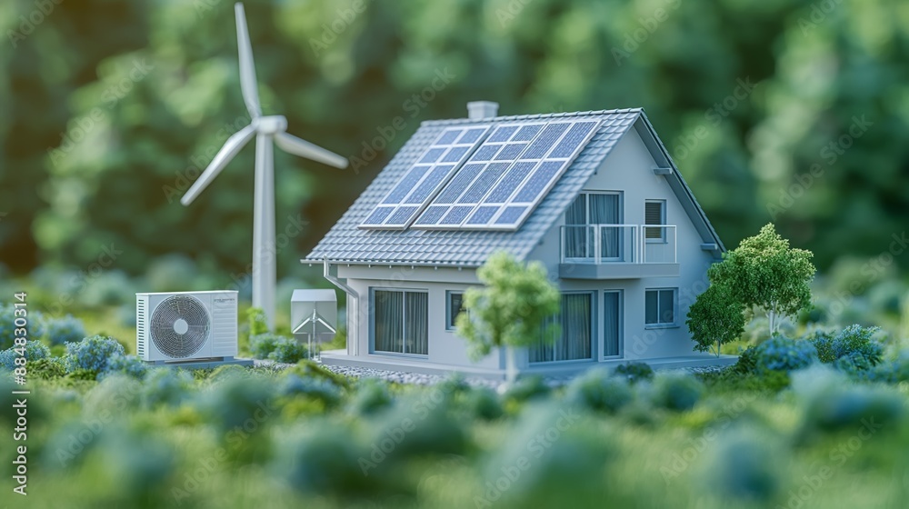 Obraz premium Sustainable Home with Solar Panels and Wind Turbine