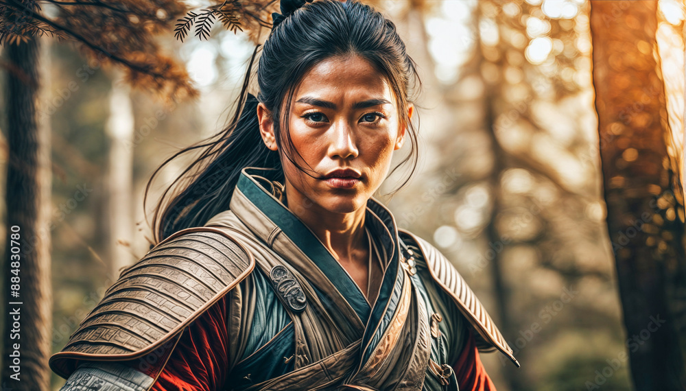 日本のサムライ。日本人女性。精悍な顔つき。若い。屈強。グループのリーダー。日本の鎧。日本の兜。日本刀を持っている。林の中。命を捨てる覚悟。大切
