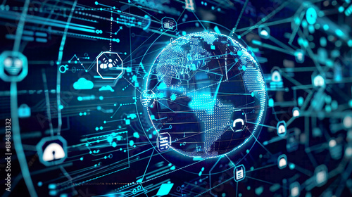 Visual representation of global network security featuring a secure globe surrounded by security symbols and protective barriers