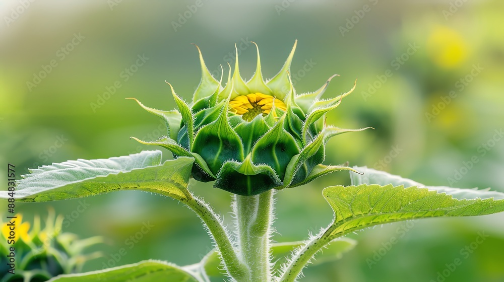 Close-up of a sunflower bud in a green field, showcasing nature's beauty and vibrant colors during the summer season. Close-up of a sunflower bud in a green field, showcasing nature's beauty and vibrant colors during the summer season.