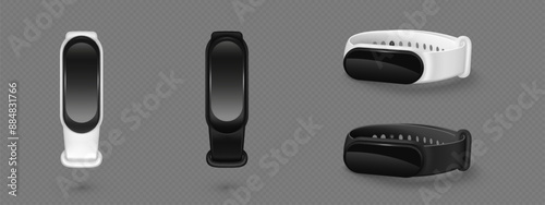 3d fitness smart watch with band isolated vector. Smartwatch bracelet wearable with realistic screen. Modern workout monitor in black and white set. Advertising asset mock up perspective collection