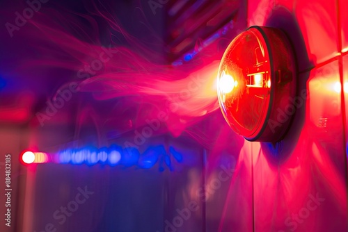 Fire alarm bell in a room with red and blue smoke photo