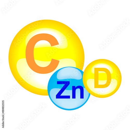 Vitamin C, D, Zn Complex.  Medical image. Bubbles. Healthy food supplement. 3D Realistic Vector EPS10. Vector Illustration 