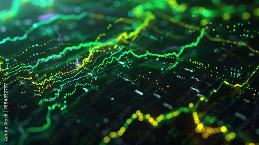 A futuristic representation of stock market trends, vibrant colors with emphasis on green and yellow lines, smooth gradients, overlaying a black background with subtle numeric data and tick marks A futuristic representation of stock market trends, vibrant colors with emphasis on green and yellow lines, smooth gradients, overlaying a black background with subtle numeric data and tick marks