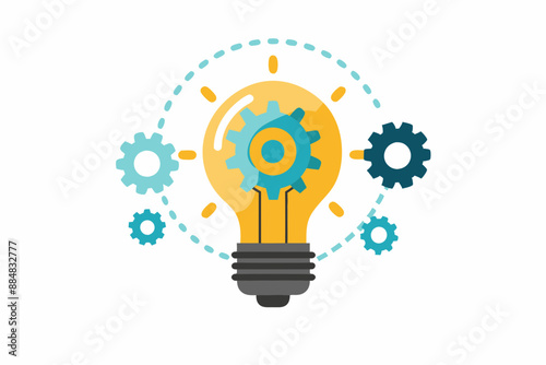  Image of an illustration as part of an advertisement. The illustration is a light bulb filled with interconnected gears, vector art