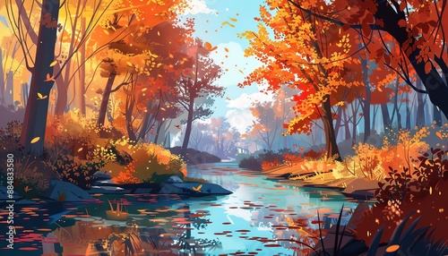 autumn in forest landscape anime cartoon, cartoon anime style