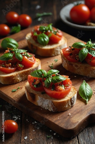 Bruschetta, tasty savory tomato Italian appetizers, on a wooden board.