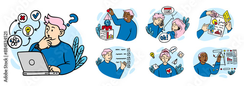 Business scenes. Outline office people work in bundle. Project presentation. Partners meeting. Brainstorm and discussion. Company marketing. Professional planning. Vector concepts set