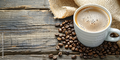 Tasse Kaffe auf Hintergrund aus Holz mit Deko herum. Werbebanner Karte