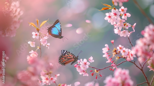 two butterflies and flowers, nature, spring, flowers, plant, blossom, yellow, pink, flying, scenery, wildlife, wings, insects