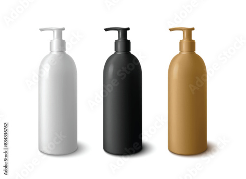 Plastic bottle mockup with pump cap. Black, white and brown package for skincare and makeup cosmetic product branding. Realistic 3d vector template of liquid soap or lotion container with dispenser.