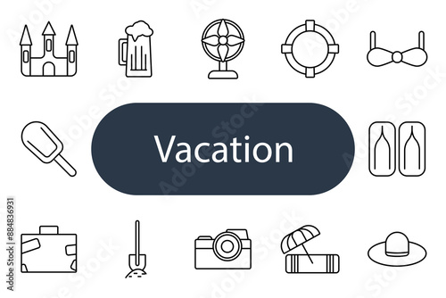 Vacation set icon. Castle, beer, fan, lifebuoy, bikini, popsicle, suitcase, shovel, camera, umbrella, hat, beach, travel, leisure, relaxation, trip.
