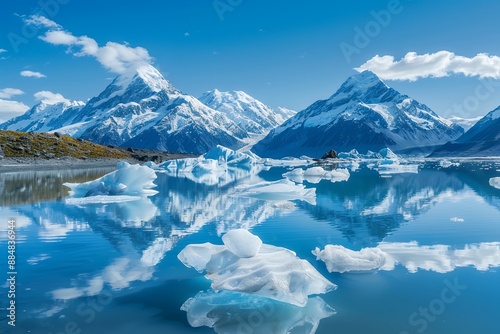 Wallpaper Mural The beautiful scenery of icebergs floating in the lake at Olsonum Chaos on Mount Novelus in New Zealand, with a clear blue sky and snow covered mountains in the background, makes for a stunning natura Torontodigital.ca