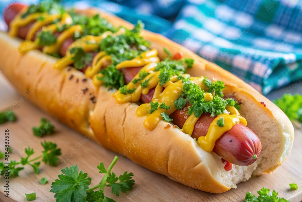 A hot dog with cheese and parsley on top A hot dog with cheese and parsley on top
