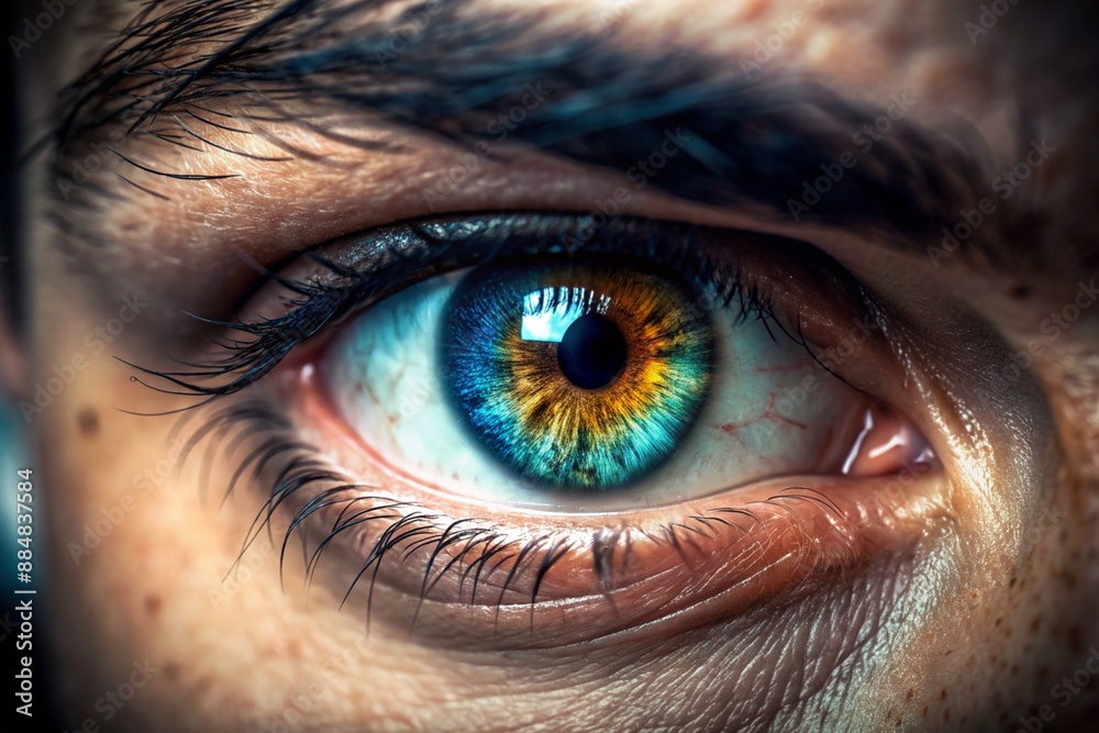 Fototapeta premium A close up of a person's eye with a blue and yellow iris