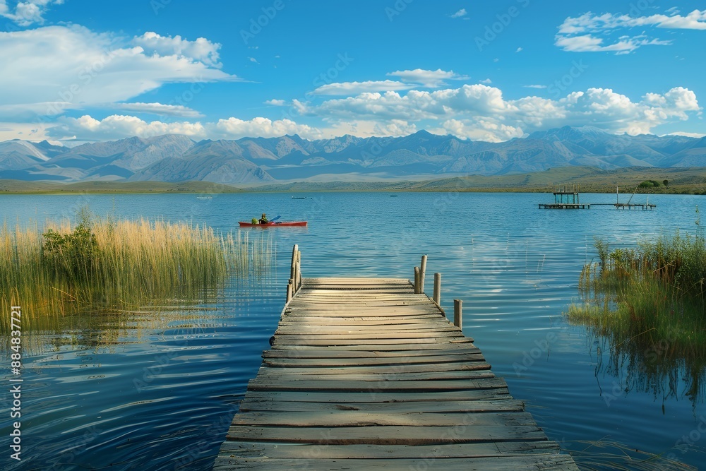 Wooden dock on the lake in Barros Arana, Argentina with mountains and reeds in the background and people kayaking in the distance. Travel concept of sea landscape Wooden dock on the lake in Barros Arana, Argentina with mountains and reeds in the background and people kayaking in the distance. Travel concept of sea landscape