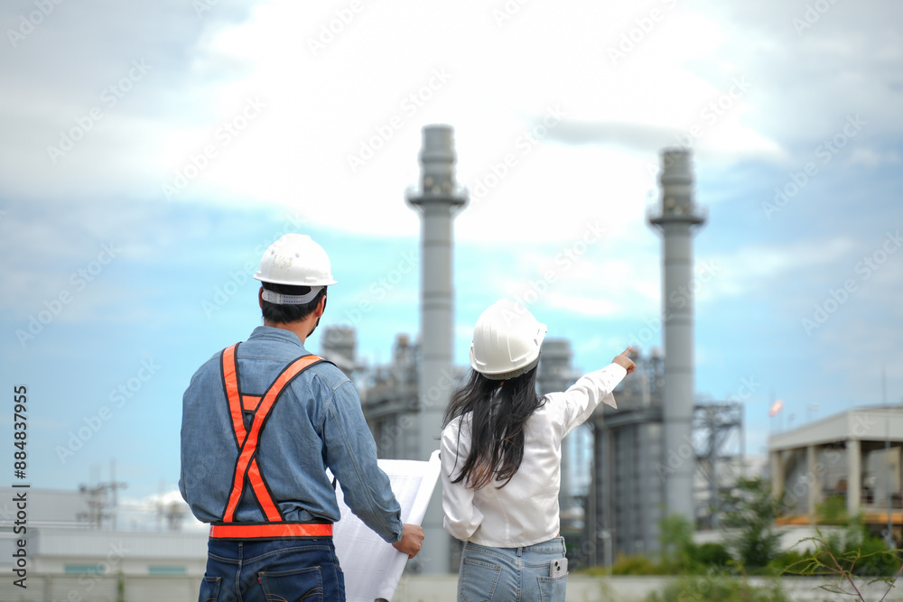 Planning engineering and project leader working and check Plans at Industrial Site on power plant. Survey location on site. Planning engineering and project leader working and check Plans at Industrial Site on power plant. Survey location on site.