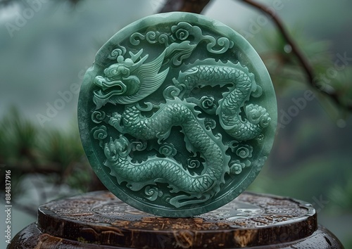 A green jade dragon pendant displayed on a wooden stand.