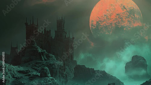 Haunted castle on a rocky cliff under a large red moon. Smooth looping time lapse video animation background photo