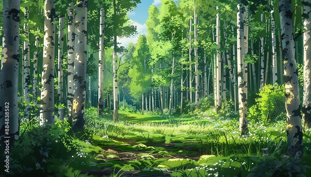 Fototapeta premium forest with birch trees anime cartoon, cartoon anime style
