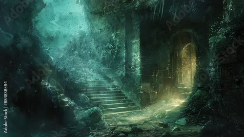 Ancient temple ruins with glowing entrance in dark fantasy setting. Smooth looping time lapse video animation background