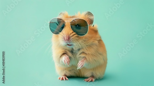 Hamster wearing aviator sunglasses on a teal background