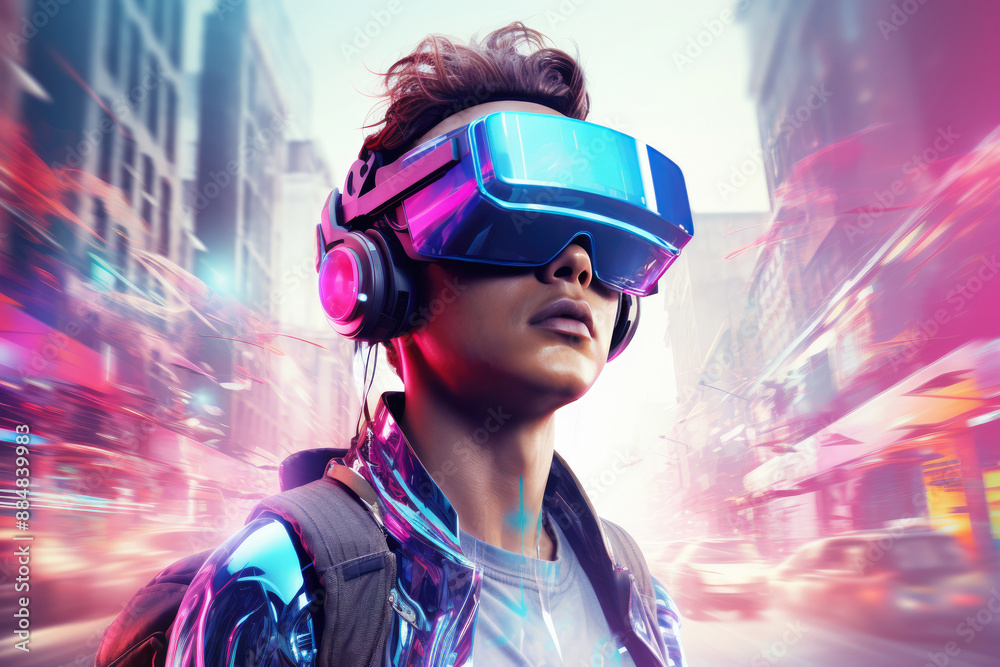 generated illustration of man with a MR headset and experiencing virtual reality generated illustration of man with a MR headset and experiencing virtual reality