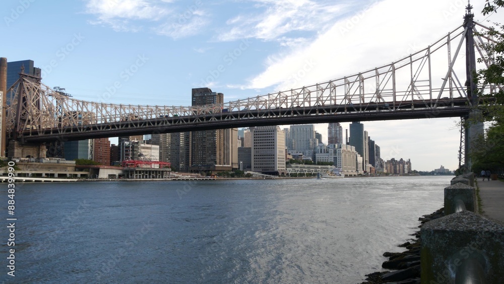 New York City waterfront skyline, Queensboro Bridge, Manhattan Midtown buildings, riverfront skyscrapers. Waterside cityscape view from Roosevelt Island. United States architecture and real estate. New York City waterfront skyline, Queensboro Bridge, Manhattan Midtown buildings, riverfront skyscrapers. Waterside cityscape view from Roosevelt Island. United States architecture and real estate.