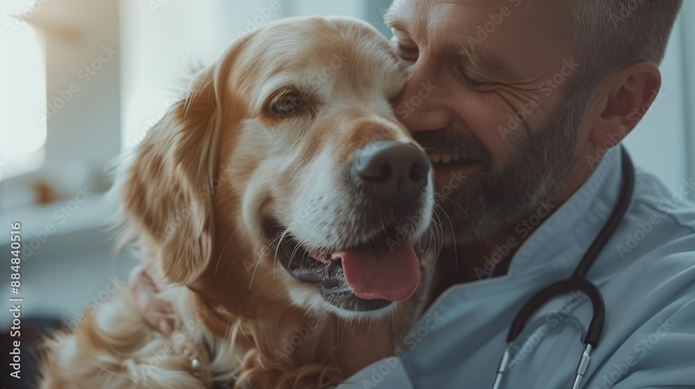 Veterinarian hugging a Golden Retriever with joy and affection in a clinic setting. Veterinary care, pet healthcare, animal love, compassion, and clinic environment concepts. Veterinarian hugging a Golden Retriever with joy and affection in a clinic setting. Veterinary care, pet healthcare, animal love, compassion, and clinic environment concepts.