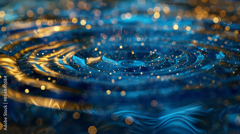 A serene scene of blue and gold particles creating the illusion of a tranquil pond with ripples. A serene scene of blue and gold particles creating the illusion of a tranquil pond with ripples.