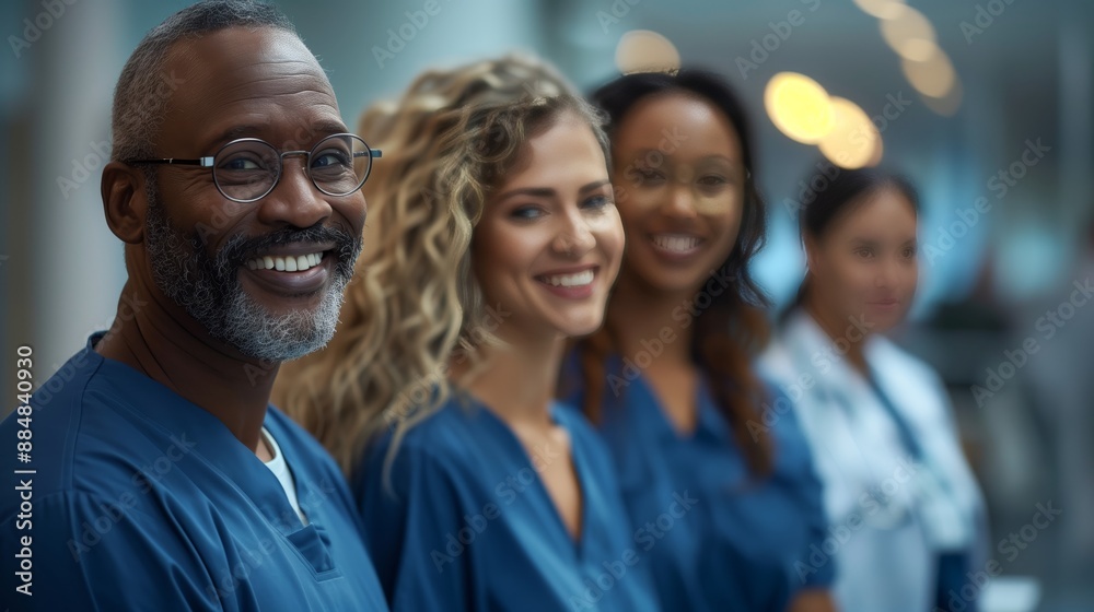 A group of multiethnic male and female healthcare professionals standing in a hospital hallway A group of multiethnic male and female healthcare professionals standing in a hospital hallway