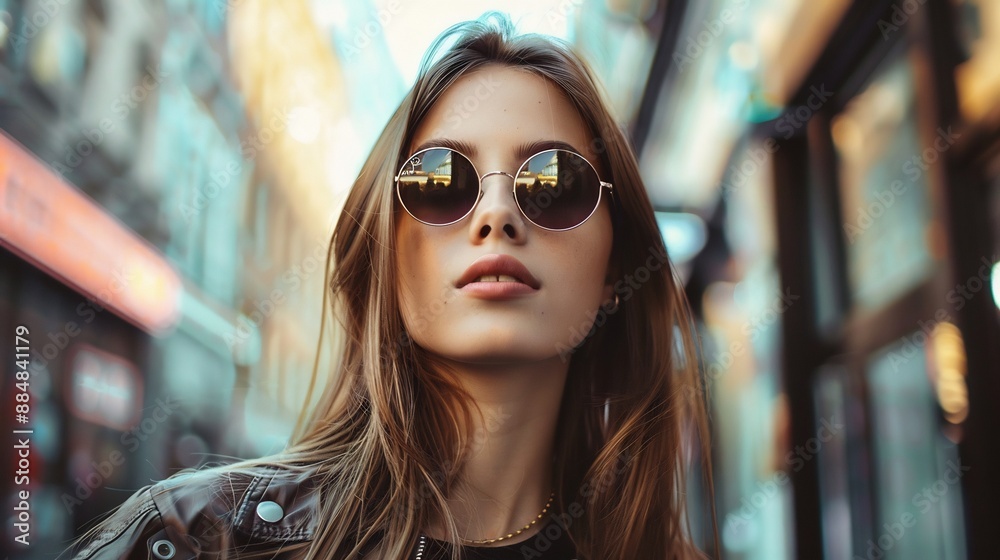 Stylish woman in blazer and sunglasses on city street Stylish woman in blazer and sunglasses on city street