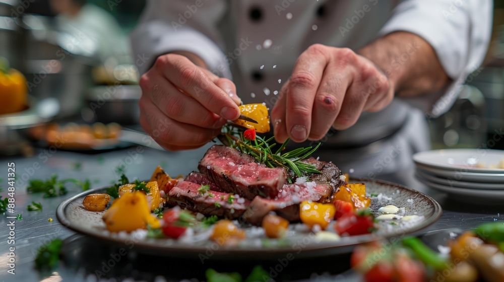 A professional chef, with a sharp focus on hands preparing a gourmet dish with steak and vegetables in a restaurant kitchen setting, plates ready for serving A professional chef, with a sharp focus on hands preparing a gourmet dish with steak and vegetables in a restaurant kitchen setting, plates ready for serving
